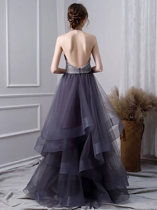 Sexy Bleu Marine Perlage Robe De Bal 2019 Princesse Titulaire Appliques Cristal Faux Diamant Sans Manches Dos Nu Volants en Cascade Longue Robe De Ceremonie