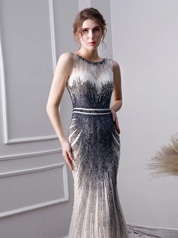 Luxus Gradient Farve Håndlavet Beading Selskabskjoler 2019 Havfrue Scoop Neck Krystal Ærmeløs Lange Kjoler