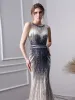 Luxus / Herrlich Farbverlauf Handgefertigt Perlenstickerei Abendkleider 2019 Meerjungfrau Rundhalsausschnitt Kristall Ärmellos Lange Festliche Kleider