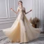 Luxe Doré Fait main Perlage Robe De Soirée 2019 Princesse Encolure Dégagée Cristal En Dentelle Fleur Perle Paillettes Sans Manches Longue Robe De Ceremonie