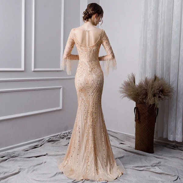 Luxury / Gorgeous Gold Handmade Beading Evening Dresses 2019 Trumpet / Mermaid Scoop Neck Pearl Crystal Rhinestone Sequins 3/4 Sleeve Floor-Length / Long Formal Dresses