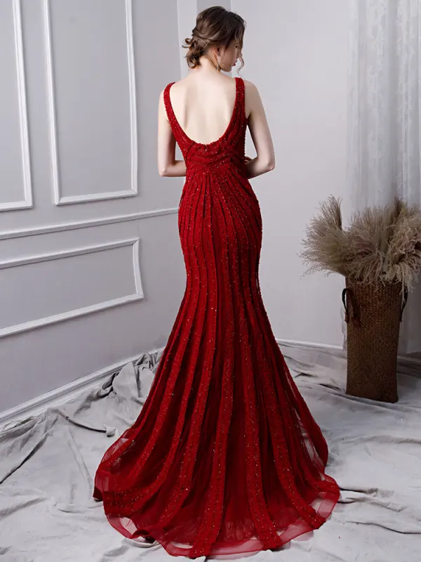 Luxury / Gorgeous Burgundy Handmade  Beading Evening Dresses  2019 Trumpet / Mermaid V-Neck Crystal Lace Flower Sequins Sleeveless Sweep Train Formal Dresses
