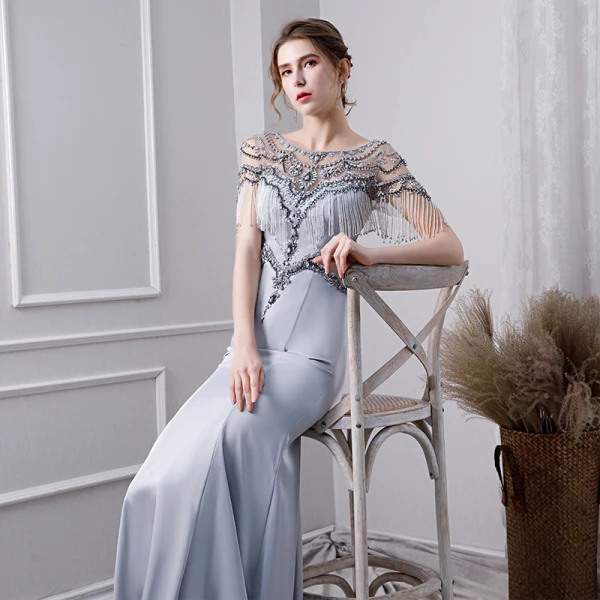 Luxury / Gorgeous Silver Handmade Beading Evening Dresses 2019 Trumpet / Mermaid Scoop Neck Pearl Tassel Crystal Sequins Short Sleeve Sweep Train Formal Dresses
