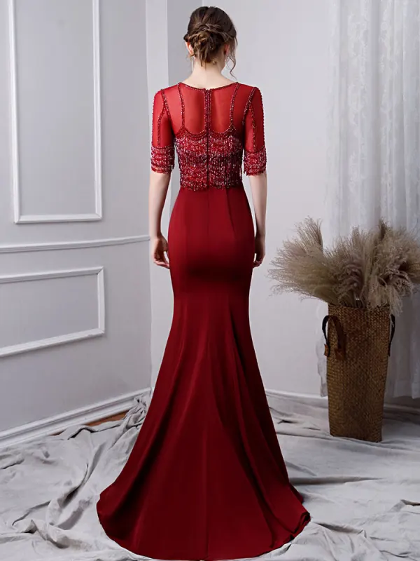 Luxury / Gorgeous Burgundy Evening Dresses  2019 Trumpet / Mermaid Scoop Neck Beading Crystal Tassel Short Sleeve Sweep Train Formal Dresses