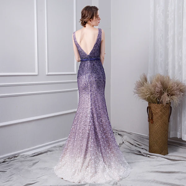 Charmant Dégradé De Couleur Violet Robe De Soirée 2019 Trompette / Sirène V-Cou Perlage Cristal En Dentelle Fleur Faux Diamant Sans Manches Dos Nu Ceinture Longue Robe De Ceremonie
