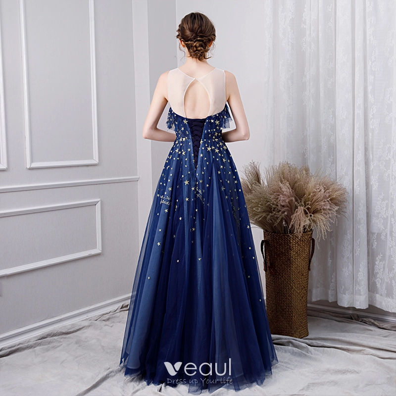 Modern Fashion Navy Blue Prom Dresses 2019 A Line Princess Scoop Neck Lace Star Sleeveless Backless Floor Length Long Formal Dresses