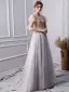 Elegant Grey Prom Dresses 2019 A-Line / Princess Beading High Neck Pearl Crystal Lace Flower Sequins Short Sleeve Floor-Length / Long Formal Dresses