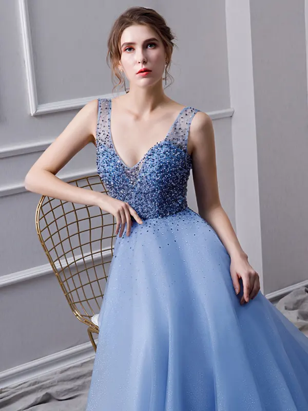 Chic / Beautiful Sky Blue Handmade  Beading Prom Dresses 2019 A-Line / Princess V-Neck Pearl Rhinestone Sequins Sleeveless Backless Floor-Length / Long Formal Dresses