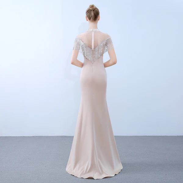 Élégant Champagne Robe De Soirée 2019 Trompette / Sirène Col Haut Perlage Gland Perle Appliques En Dentelle Fleur Manches Courtes Train De Balayage Robe De Ceremonie