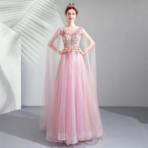 Élégant Rose Bonbon Robe De Ceremonie 2019 Princesse Encolure Dégagée En Dentelle Fleur Cristal Manches Courtes Dos Nu Longue Robe De Bal