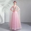 Élégant Rose Bonbon Robe De Ceremonie 2019 Princesse Encolure Dégagée En Dentelle Fleur Cristal Manches Courtes Dos Nu Longue Robe De Bal