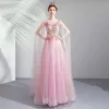 Elegant Candy Pink Formal Dresses 2019 A-Line / Princess Scoop Neck Lace Flower Crystal Short Sleeve Backless Floor-Length / Long Prom Dresses
