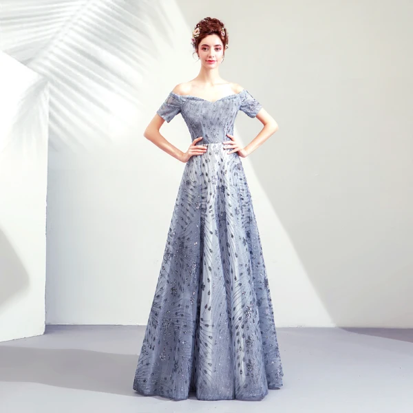 Elegante Silber Abendkleider 2019 A Linie Off Shoulder Glanz Tülle Pailletten Kurze Ärmel Rückenfreies Lange Festliche Kleider