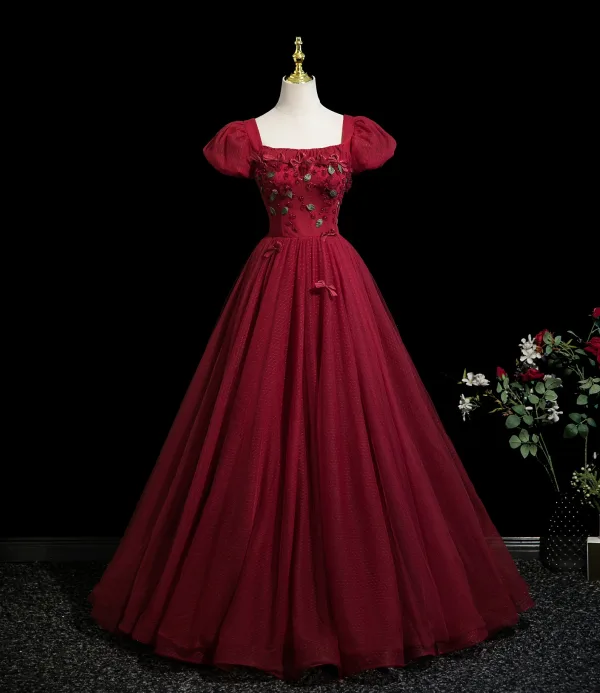 Chic / Beautiful Burgundy Appliques Prom Dresses 2025 Ball Gown Square Neckline Puffy Short Sleeve Backless Floor-Length / Long Formal Dresses