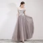Chic / Beautiful Grey Evening Dresses  2019 A-Line / Princess Off-The-Shoulder Lace Flower Appliques Short Sleeve Backless Floor-Length / Long Formal Dresses