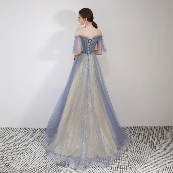 Élégant Bleu Ciel Robe De Soirée 2019 Princesse De l'épaule Perlage En Dentelle Fleur Paillettes Manches Courtes Dos Nu Longue Robe De Ceremonie