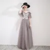 Elegant Grey Evening Dresses  2019 A-Line / Princess Spaghetti Straps Appliques Lace Flower Short Sleeve Backless Floor-Length / Long Formal Dresses