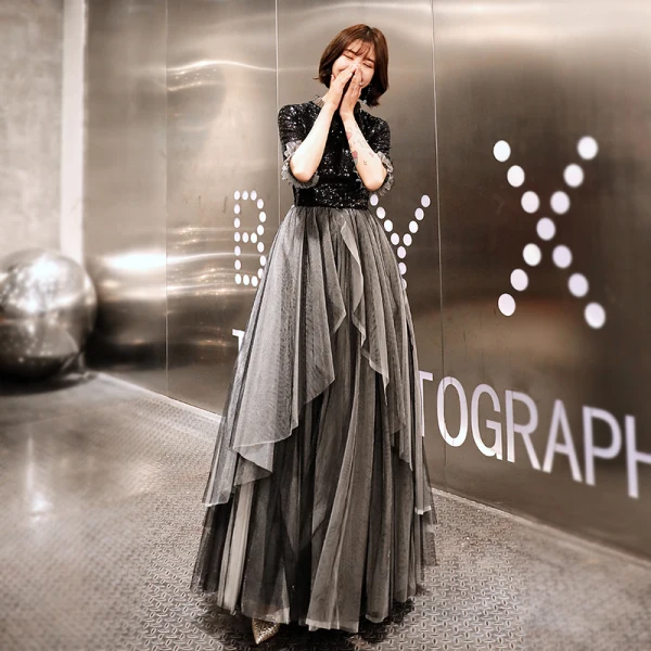 Charming Black Evening Dresses 2019 A-Line / Princess Scoop Neck Sequins 1/2 Sleeves Floor-Length / Long Formal Dresses