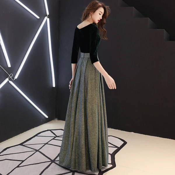 Elegant Svart Selskapskjoler 2019 Prinsesse Suede Scoop Halsen Glitter Polyester 3/4 Ermer Lange Formelle Kjoler