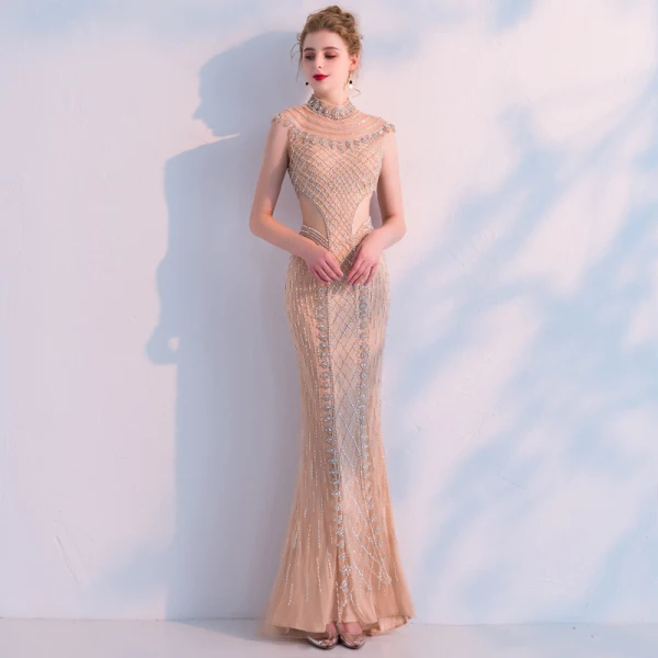 Luxury / Gorgeous Champagne Handmade  Beading Evening Dresses  2019 Trumpet / Mermaid High Neck Crystal Rhinestone Sleeveless Floor-Length / Long Formal Dresses