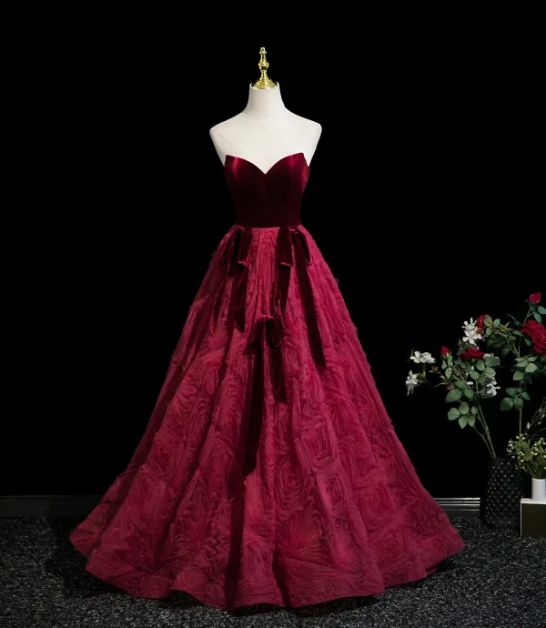Vintage / Retro Burgundy Bow Prom Dresses 2025 Ball Gown Strapless Sleeveless Backless Floor-Length / Long Formal Dresses