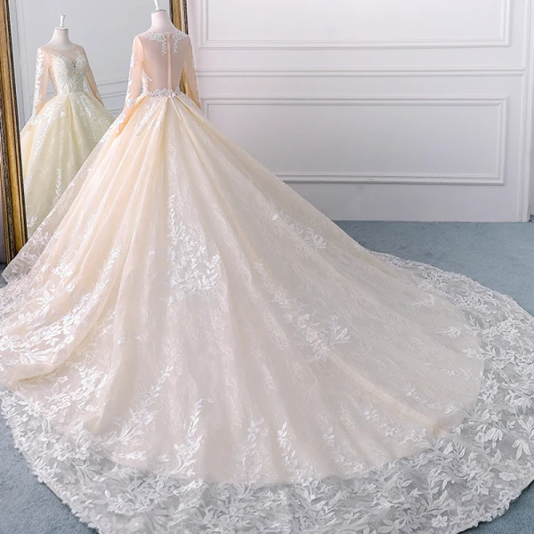 Elegant Champagne Wedding Dresses 2018 Ball Gown Lace Flower See-through Beading Sequins Scoop Neck Long Sleeve Royal Train Wedding