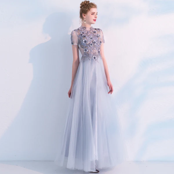 Elegant Grey Prom Dresses 2019 A-Line / Princess High Neck See-through Lace Flower Appliques Pearl Short Sleeve Floor-Length / Long Formal Dresses