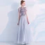 Elegant Grey Prom Dresses 2019 A-Line / Princess High Neck See-through Lace Flower Appliques Pearl Short Sleeve Floor-Length / Long Formal Dresses