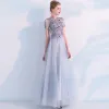 Elegante Grau Ballkleider 2019 A Linie Stehkragen Durchsichtige Spitze Blumen Applikationen Perle Kurze Ärmel Lange Festliche Kleider