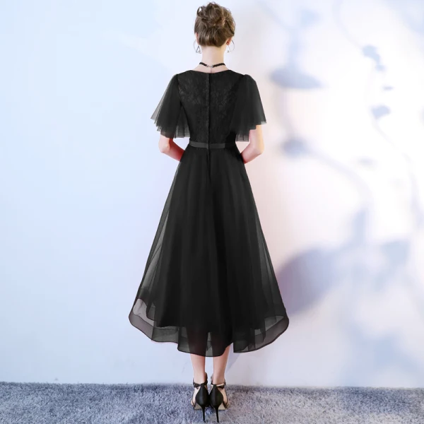 Chic / Beautiful Black Homecoming Graduation Dresses 2019 A-Line / Princess V-Neck Bow Lace Flower Short Sleeve Tea-length Formal Dresses