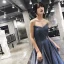 Charmant Océan Bleu Robe De Soirée 2019 Princesse Bustier Glitter Polyester Sans Manches Dos Nu Train De Balayage Robe De Ceremonie