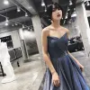 Charming Ocean Blue Evening Dresses  2019 A-Line / Princess Strapless Glitter Polyester Sleeveless Backless Sweep Train Formal Dresses