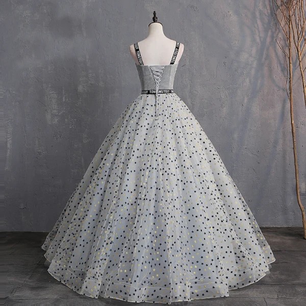 Elegant Grey Prom Dresses 2019 A-Line / Princess Suede Spaghetti Straps Glitter Star Sleeveless Backless Floor-Length / Long Formal Dresses