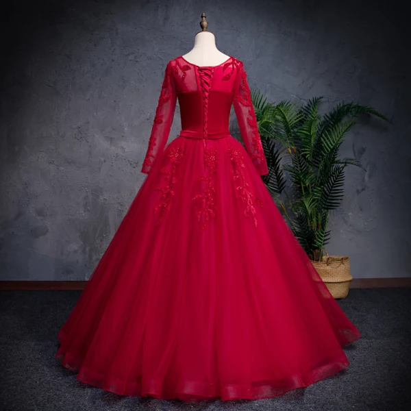 Élégant Bleu Marine Robe De Bal 2019 Princesse Encolure Dégagée Perlage Perle Daim Fleur Manches Longues Longue Robe De Ceremonie