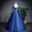 Élégant Bleu Marine Robe De Bal 2019 Princesse Encolure Dégagée En Dentelle Fleur Perle Manches Longues Dos Nu Longue Robe De Ceremonie