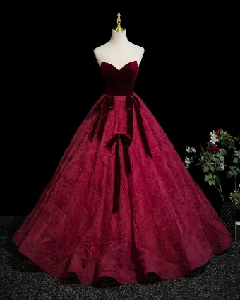 Vintage Originale Bordeaux Noeud Robe De Bal 2025 Robe Boule Bustier Sans Manches Dos Nu Longue Robe De Ceremonie