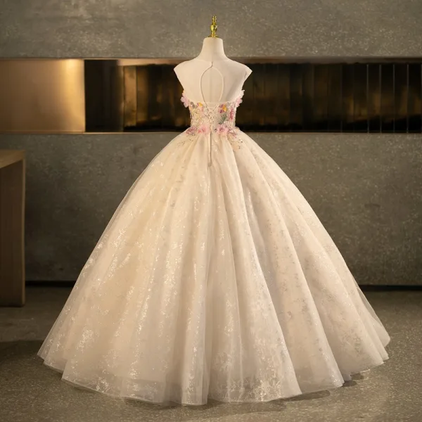 Flower Fairy Champagne Beading Sequins Lace Flower Multi-Colors Appliques Prom Dresses 2025 Ball Gown Scoop Neck Sleeveless Backless Floor-Length / Long Formal Dresses