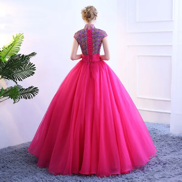 Vintage / Retro Fuchsia Prom Dresses 2019 Ball Gown High Neck Lace Flower Sequins Bow Short Sleeve Floor-Length / Long Formal Dresses