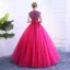 Vintage / Retro Fuchsia Prom Dresses 2019 Ball Gown High Neck Lace Flower Sequins Bow Short Sleeve Floor-Length / Long Formal Dresses