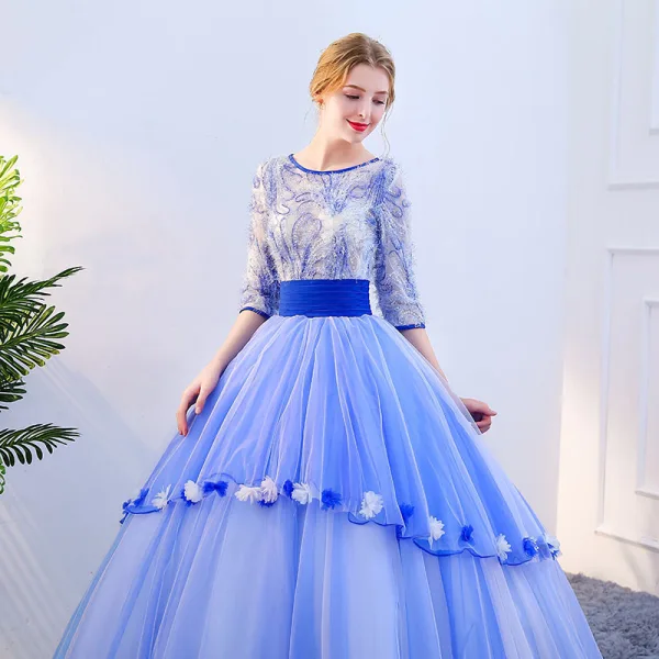 Vintage / Retro Sky Blue Prom Dresses 2019 Ball Gown Scoop Neck Appliques Sequins Tassel 1/2 Sleeves Backless Floor-Length / Long Formal Dresses