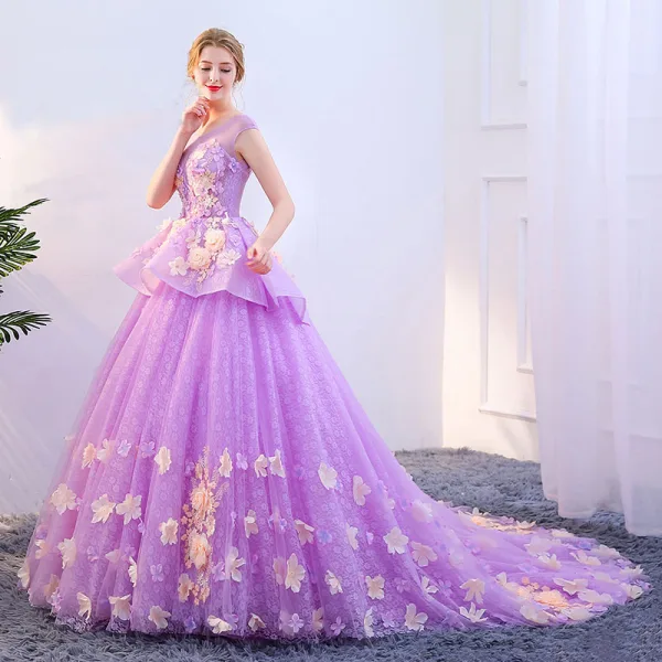 Chic / Beautiful Lilac Prom Dresses 2019 A-Line / Princess Scoop Neck Appliques Lace Flower Pearl Backless Sleeveless Chapel Train Formal Dresses