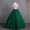 Vintage / Retro Dark Green Prom Dresses 2019 Ball Gown Appliques Lace Off-The-Shoulder Short Sleeve Backless Floor-Length / Long Formal Dresses