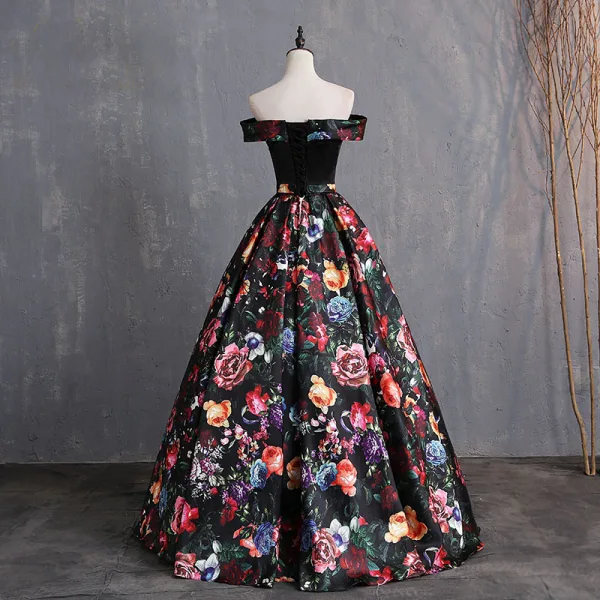 Vintage / Retro Multi-Colors Printing Prom Dresses 2019 Ball Gown Off-The-Shoulder Bow Short Sleeve Backless Floor-Length / Long Formal Dresses