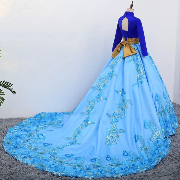 Vintage / Originale Bleu Robe De Bal 2019 Princesse Col Haut En Dentelle Fleur Paillettes Manches Longues Dos Nu Chapel Train Robe De Ceremonie