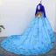 Vintage / Originale Bleu Robe De Bal 2019 Princesse Col Haut En Dentelle Fleur Paillettes Manches Longues Dos Nu Chapel Train Robe De Ceremonie