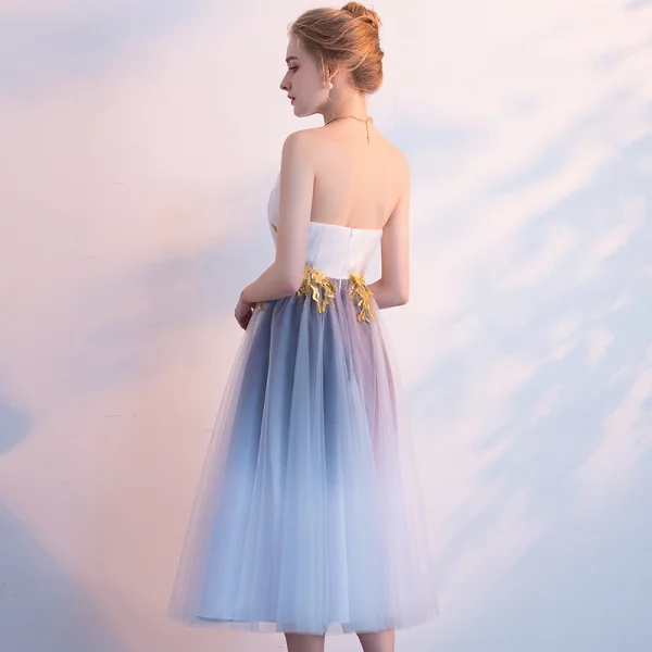 Chic / Belle Dégradé De Couleur de retour Robe De Graduation 2018 Princesse Appliques Titulaire Dos Nu Sans Manches Mi-Longues Robe De Ceremonie