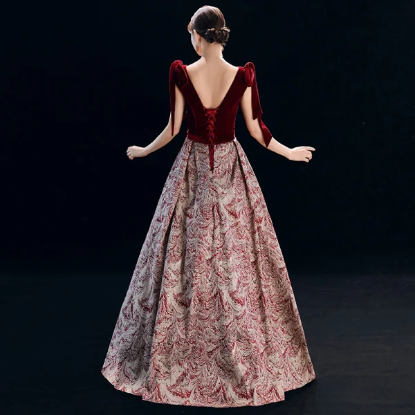 Elegant Burgundy Evening Dresses 2019 A-Line / Princess Square Neckline Suede Sleeveless Backless Printing Floor-Length / Long Formal Dresses