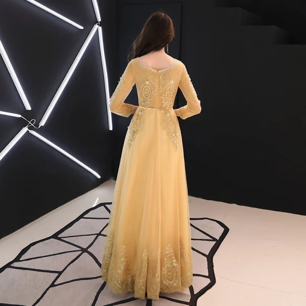 Chic / Beautiful Gold Evening Dresses 2019 A-Line / Princess Scoop Neck Beading Pearl Lace Flower Rhinestone 3/4 Sleeve Backless Floor-Length / Long Formal Dresses