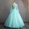 Chic / Beautiful Jade Green Prom Dresses 2019 A-Line / Princess V-Neck Lace Flower Appliques Pearl Long Sleeve Backless Floor-Length / Long Formal Dresses