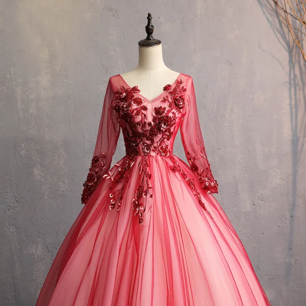 Vintage / Retro Burgundy Prom Dresses 2019 A-Line / Princess V-Neck Beading Pearl Crystal Lace Flower Appliques Long Sleeve Backless Floor-Length / Long Formal Dresses